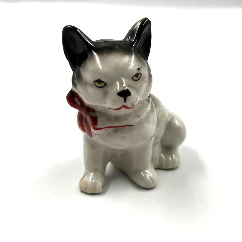 Vintage Antique Japan Made Porcelain Kitten Cat Figurine Red Bow‎ Decor MCM